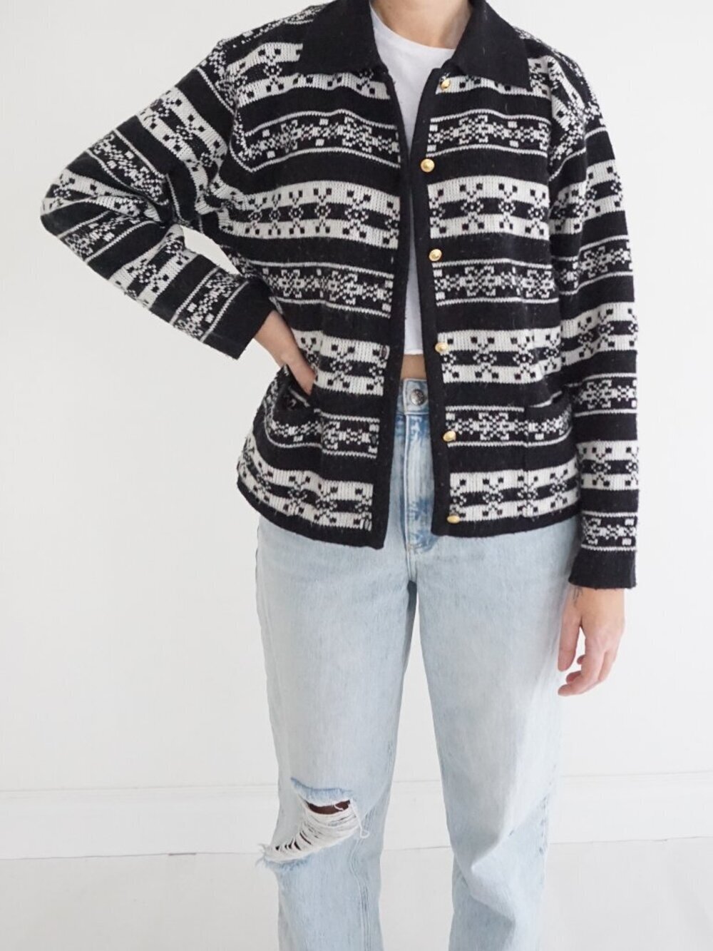 Vintage Crystal Kobe Black White Fair Isle Knit Button Cardigan Nordic Pattern M